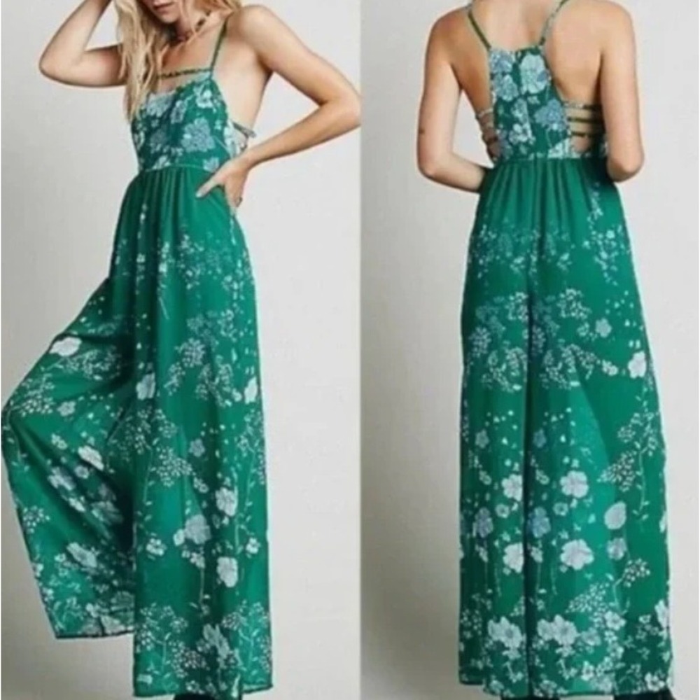 Free People Meadow Rue Jumpsuit 4 Green‎ Floral Wide Leg Boho Vacation Chic